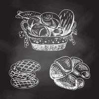 vintage handgezeichnete skizzenart bäckerei set. Brot im Korb, Bagel und Kekse. weiße skizze isoliert auf schwarzer tafel. symbole und elemente für druck, etiketten, verpackungen.
