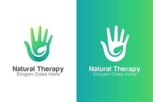 Logo-Design der Naturtherapie Kombinieren Sie Hand- und Blattsymbol, Blattpflegesymbolsymbol, kann als Massagelogo verwendet werden vektor