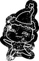 tecknad nödställd ikon av en nervös man som bär tomtehatt vektor