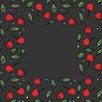 sömlös körsbärsram med plats för text. doodle vektor med röda körsbär ikoner. vintage körsbärsmönster