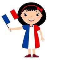 leende barn, flicka, håller en Frankrike flagga isolerad på vit bakgrund. vektor tecknad maskot. semesterillustration till landets dag, självständighetsdag, flaggdag.
