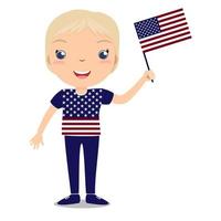 lächelndes Kind, Junge, hält eine amerikanische Flagge isoliert auf weißem Hintergrund. Vektor-Cartoon-Maskottchen. feiertagsillustration zum tag des landes, unabhängigkeitstag, flaggentag. vektor