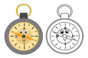 Vektor kawaii Kompass farbige und schwarz-weiße Illustration. Camping- oder Wanderausrüstungsbild für Kinder. Orientierungsgerät für Waldtourismus oder Reisen. süße ausmalseite