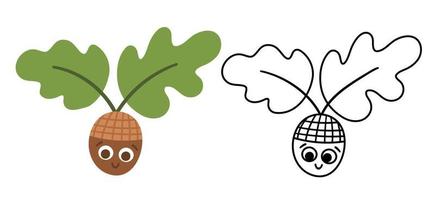 Vektor kawaii Eichel mit Eichenblättern farbige und schwarz-weiße Illustration. Flach- und Linienstil-Herbst-Symbol. lustiger Herbst oder Waldgrün isoliert auf weißem Hintergrund. süße ausmalseite