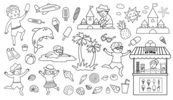 Vektorset mit sommerlichen Clipart-Elementen isoliert auf weißem Hintergrund. süße umrissillustration für kinder mit palme, flugzeug, sonnenbrille, kindern, die sommeraktivitäten machen, eis. urlaub strand paket vektor