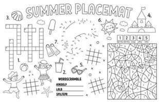 vektor sommar bordstablett för barn. badsemester utskrivbar aktivitetsmatta med korsord, tic tac toe-diagram, färg efter nummer. svartvit lekmatta eller målarbok med barn, glass