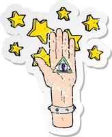 Retro-Distressed-Aufkleber eines mystischen Cartoon-Augen-Handsymbols vektor