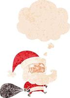 tecknad jultomte med säck och tankebubbla i retro texturerad stil vektor