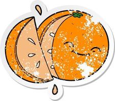 nödställda klistermärke av en tecknad skivad apelsin vektor