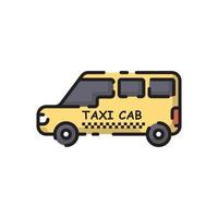 flache Designkarikatur des netten gelben Taxiautos für Hemd, Plakat, Geschenkkarte, Abdeckung, Logo, Aufkleber und Ikone. vektor