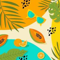 handgezeichneter Sommerlook im Flatlay. Palmenblätter, Sonnenbrillen, Papaya und Orangen.
