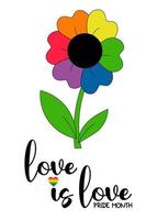 lgbt stolz monat. Liebe ist Liebe. lgbtq-symbolblume mit regenbogenblütenblättern. lgbt-stolzflagge - regenbogenfarben. Vektor-Illustration. schwulenstolzmonat, groovige feier. Menschenrechte und Toleranz.