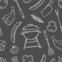 Ein Muster mit Grill- und Barbecue-Elementen für das Menü eines Restaurant-Bar-Cafés auf schwarzem Hintergrund Vektor-Illustration von Kritzeleien vektor