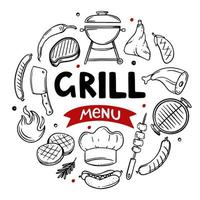 grillmenü handgezeichnete menüpunkte des restaurant bar cafe vektorillustration von grillgerichten kritzeleien