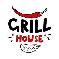 grillhus handritad inskription slogan food court emblem meny restaurang bar café vektorillustration peppar och aubergine vektor
