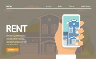 hus att hyra. handen håller smartphone valet av huset i applikationen.fastighetskoncept.lantlig byggnad. vektor