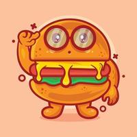 geniales hamburger-lebensmittel-charakter-maskottchen mit denkendem ausdruck lokalisierter karikatur im flachen stildesign vektor