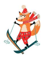 weihnachten und neujahr winterfuchs skifahren zeichentrickfigur für grußkarten flache vektorillustration isoliert auf weißem hintergrund. süßes tier für weihnachtsdesign. vektor