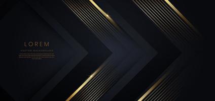 abstrakte schablonendreiecke schwarz und grau geometrisch schräg mit goldener linienschicht auf schwarzem hintergrund. Luxus-Stil. vektor