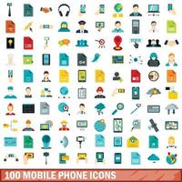 100 mobiltelefon ikoner set, platt stil vektor