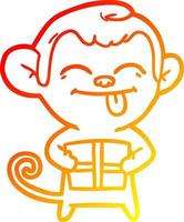 Warme Gradientenlinie, die lustigen Cartoon-Affen mit Weihnachtsgeschenk zeichnet vektor
