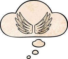 Cartoon-Flügel-Symbol und Gedankenblase im Grunge-Textur-Muster-Stil vektor