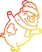 warme Gradientenlinie Zeichnung Cartoon-Schwein mit Weihnachtsmütze vektor