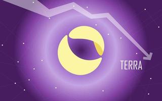 Terra Luna Abwärtstrend, Preis fällt. Vektor-Banner auf lila Hintergrund mit Farbverlauf. das Symbol der Kryptowährungsmünze und der Pfeil nach unten. die Handelskrise und der Zusammenbruch der Kryptowährung. vektor