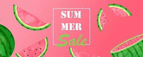 Sommerverkaufsbanner mit Wassermelonen aus verschiedenen Blickwinkeln. Vektorhintergrund für Geschäfte mit Sommerfrüchten. Verwendung für Plakate, Banner, Plakate, Dekorationen, Werbung vektor