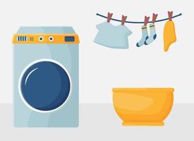 Waschtag zu Hause. eine reihe von vektorillustrationen mit einer waschmaschine, wäsche- und reinigungsprodukten, schmutziger sauberer wäsche. das konzept der reinigung der wohnung. vektor