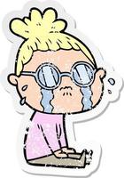 Distressed-Sticker einer weinenden Cartoon-Frau mit Brille vektor