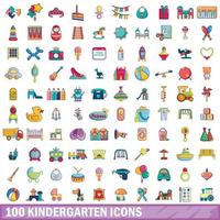 100 Kindergarten-Icons gesetzt, Cartoon-Stil vektor