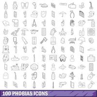 100 Phobien-Icons gesetzt, Umrissstil vektor