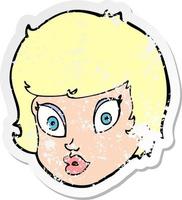 Retro-Distressed-Aufkleber eines Cartoon überraschten weiblichen Gesichts vektor