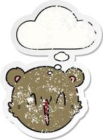 süßes Cartoon-Teddybärgesicht und Gedankenblase als beunruhigter, abgenutzter Aufkleber