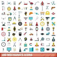 100 mekanik ikoner set, platt stil vektor