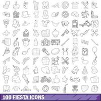 100 fiesta ikoner set, kontur stil vektor