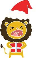 platt färgillustration av ett lejon med julklapp som bär tomtehatt vektor