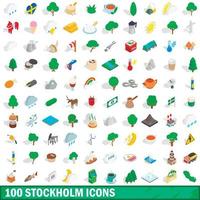 100 stockholm ikoner set, isometrisk 3d-stil vektor