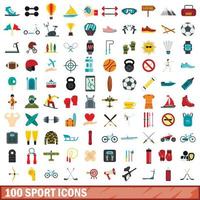 100 Sport-Icons gesetzt, flacher Stil vektor