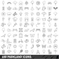 100 parklandskap ikoner set, konturstil vektor