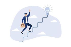 Kreativität für Geschäftsidee, Denken und Brainstorming für neue Idee oder Gelegenheit, Karriereweg oder Zielerreichung, Geschäftsmann beginnen, auf Stromleitung als Treppe zur Glühbirne der großen Idee zu gehen.