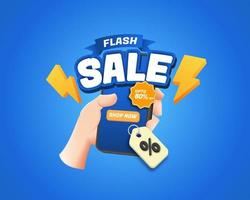 flash försäljning shopping med 3d hand som håller mobil smartphone koncept. specialerbjudande kampanj vektor
