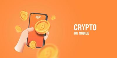 Bitcoin-Austausch. hand, die mobiles smartphone-design-stil-webbanner mit münzen-kryptowährung hält vektor