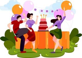 Gruppe junger Menschen mit festlichen Attributen während Tänzen auf der Geburtstagsfeier