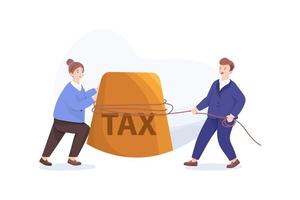 företag beskattning koncept. affärsmän dra och pressa enorm vikt med skatteinskription. vektor