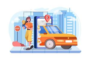 Frauen, die ein Telefon mit der Positionsmarkierung eines intelligenten Elektroautos in der modernen Skyline der Stadt halten
