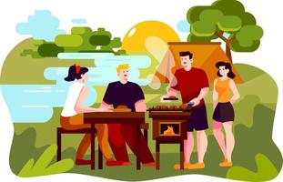 Gruppe von Mann und Frau genießen Camping-Picknick und Grillen am See mit Zelten im Hintergrund vektor