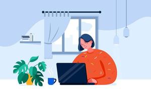 freiberufliche junge frau, die im pyjama in ihrem heimbüro mit laptop sitzt vektor