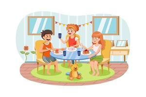 glückliche Kindergruppe, die Frühstück, Mittag- oder Abendessen isst und zusammen am Tisch sitzt